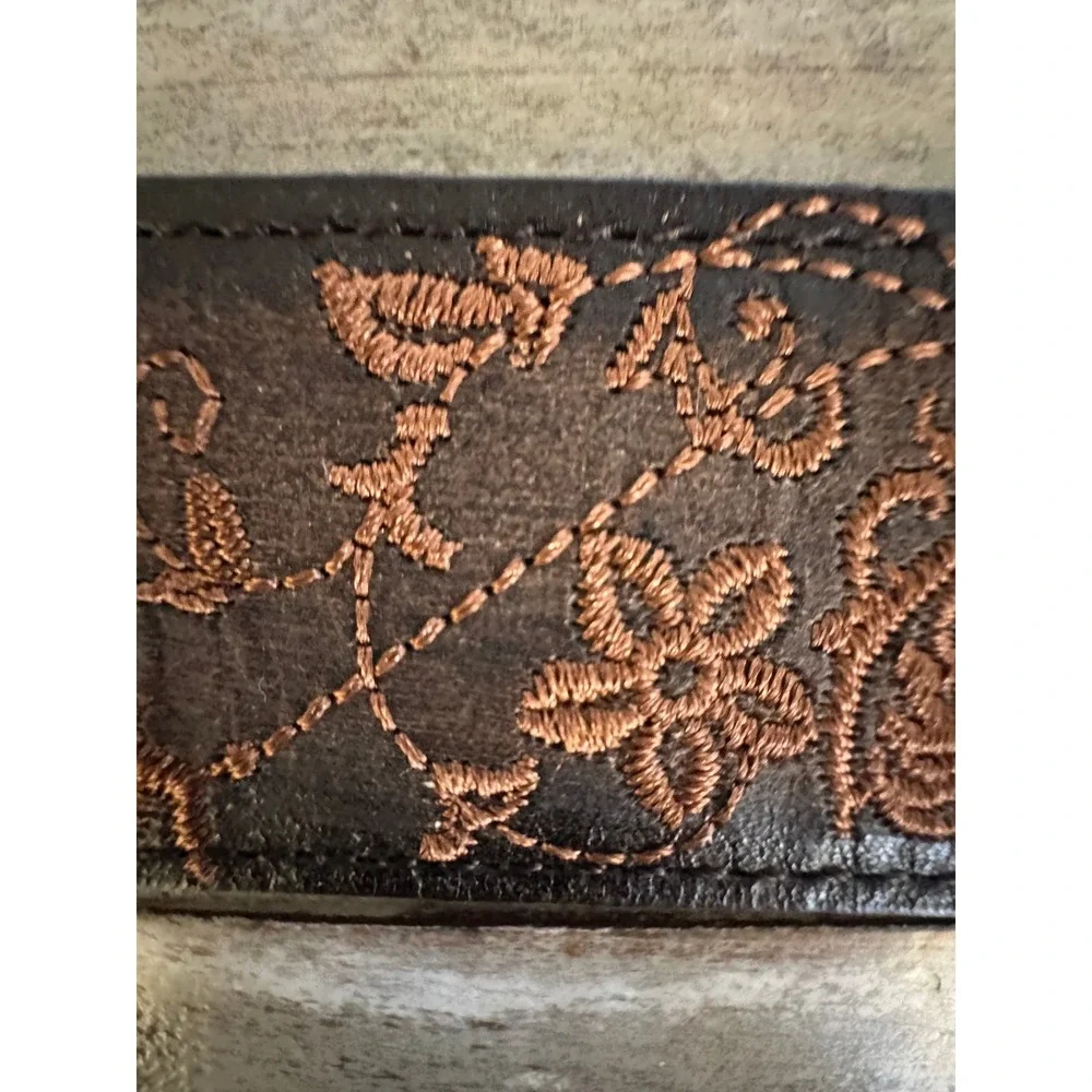 Genuine Leather Floral Embroidered Western‎ Belt Brown Bronze Buckle Size S boho